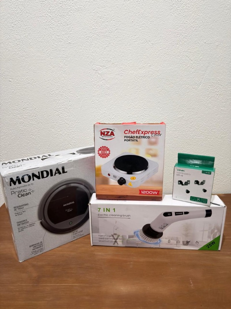 Aspirador De Po Robô Pratic Clean Mondial RB-11 Bivolt 30w + Escova Limpeza Elétrica Multiuso canto Friso Banheiro Cozinha Recarregavel + Fogão Eletrico de Mesa Um Prato Disco + Suporte